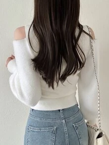 FRIFUL Women's Sweet Versatile Cold Shoulder Front Knot Ruched Sweater - Beige - View 2