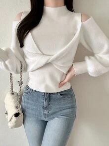 FRIFUL Women's Sweet Versatile Cold Shoulder Front Knot Ruched Sweater - Beige - View 5