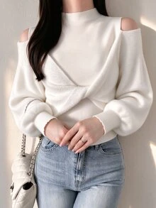 FRIFUL Women's Sweet Versatile Cold Shoulder Front Knot Ruched Sweater - Beige - View 1