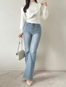 FRIFUL Women's Sweet Versatile Cold Shoulder Front Knot Ruched Sweater - Beige - View 7