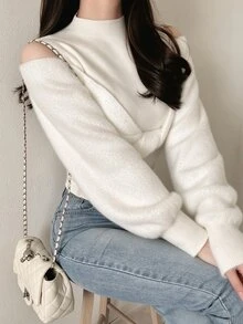 FRIFUL Women's Sweet Versatile Cold Shoulder Front Knot Ruched Sweater - Beige - View 4