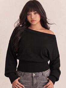CovetEZ Autumn/Winter Solid Color Asymmetrical Collar Waist-Flattering Slimming Casual Plus Size Sweater - Black - View 3