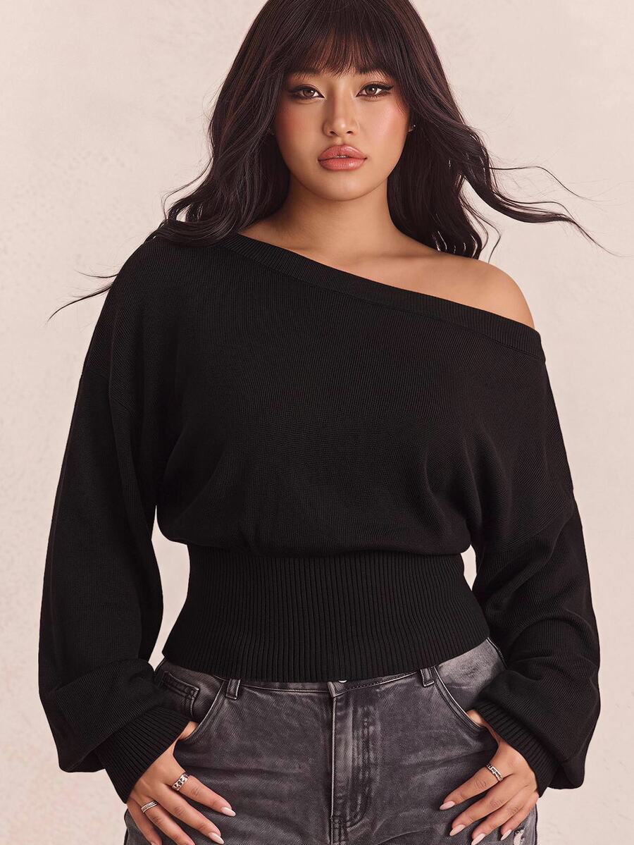 CovetEZ Autumn/Winter Solid Color Asymmetrical Collar Waist-Flattering Slimming Casual Plus Size Sweater - Black - View 1