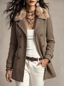 EMERY ROSE Women's Autumn/Winter Casual Elegant Plaid Vintage Collar Wool Blend Jacket Winter Jacket Brown Jacket - Coffee Brown - View 3