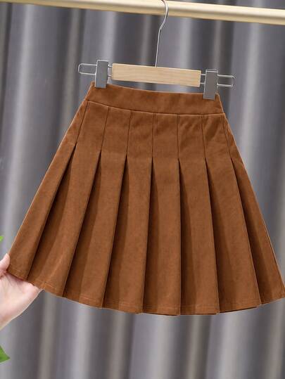 Tween Girls Corduroy Pleated A-Line Skirt, Brown Casual Preppy Style Skirt, Autumn School Uniform