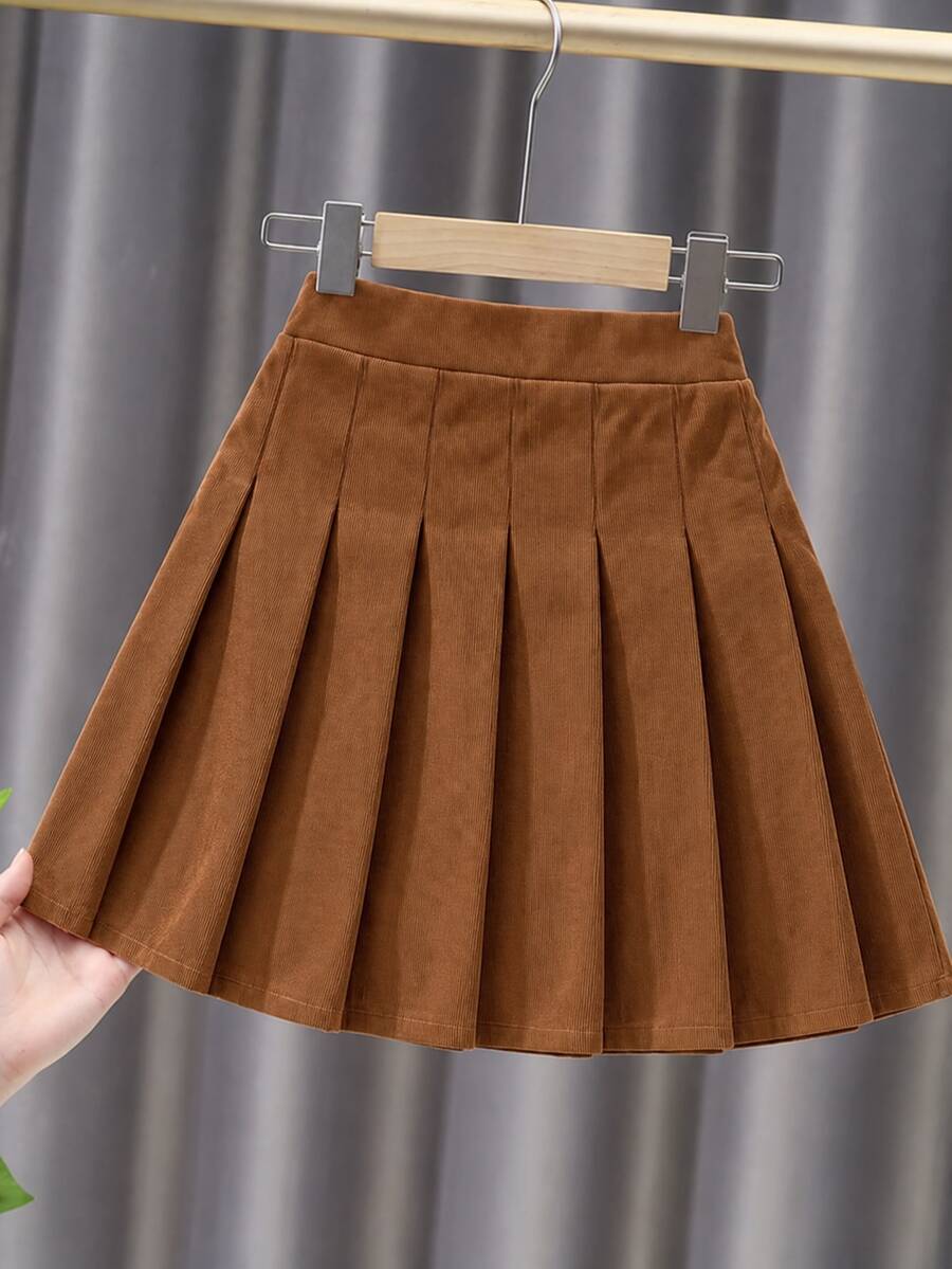 SHEIN Tween Girls Corduroy Pleated A-Line Skirt, Brown Casual Preppy Style Skirt, Autumn School Uniform - Brown - View 1