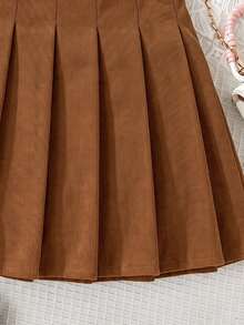 SHEIN Tween Girls Corduroy Pleated A-Line Skirt, Brown Casual Preppy Style Skirt, Autumn School Uniform - Brown - View 7