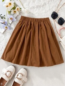 SHEIN Tween Girls Corduroy Pleated A-Line Skirt, Brown Casual Preppy Style Skirt, Autumn School Uniform - Brown - View 2
