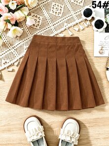 SHEIN Tween Girls Corduroy Pleated A-Line Skirt, Brown Casual Preppy Style Skirt, Autumn School Uniform - Brown - View 5