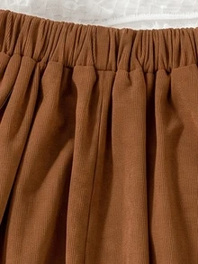 SHEIN Tween Girls Corduroy Pleated A-Line Skirt, Brown Casual Preppy Style Skirt, Autumn School Uniform - Brown - View 6