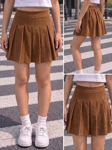 SHEIN Tween Girls Corduroy Pleated A-Line Skirt, Brown Casual Preppy Style Skirt, Autumn School Uniform - Brown - View 4