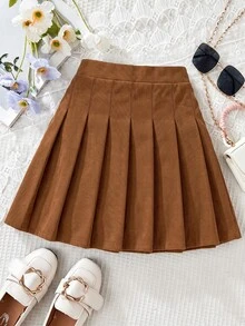 SHEIN Tween Girls Corduroy Pleated A-Line Skirt, Brown Casual Preppy Style Skirt, Autumn School Uniform - Brown - View 3