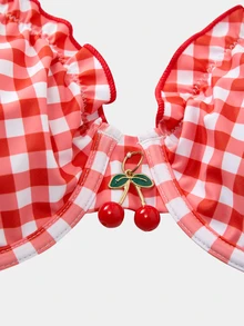 Swim Mod Women's Sweet Cute Lace Trim Fresh Cherry Print Swimsuit Set - Red - View 6