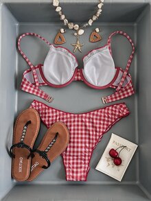 Swim Mod Women's Sweet Cute Lace Trim Fresh Cherry Print Swimsuit Set - Red - View 2