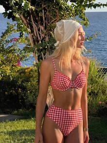 Swim Mod Women's Sweet Cute Lace Trim Fresh Cherry Print Swimsuit Set - Red - View 3