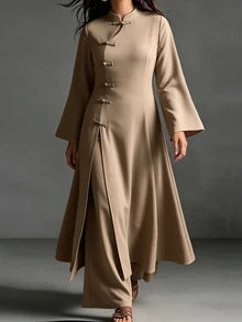Linhara CURVE Women's Plus Size 2-Piece Set: Small Stand Collar Long Top + Casual Long Pants, Casual/Commute/Elegant/2-Piece Set Fall - Khaki - View 3