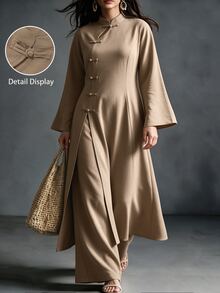 Linhara CURVE Women's Plus Size 2-Piece Set: Small Stand Collar Long Top + Casual Long Pants, Casual/Commute/Elegant/2-Piece Set Fall - Khaki - View 1