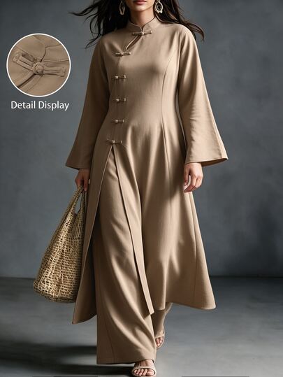 Linhara CURVE طقم نسائي مقاس كبير من قطعتين: ملابس علوية طويل بياقة صغيرة + بنطلون طويل كاجوال، كاجوال/تنقل/أنيق/طقم من قطعتين