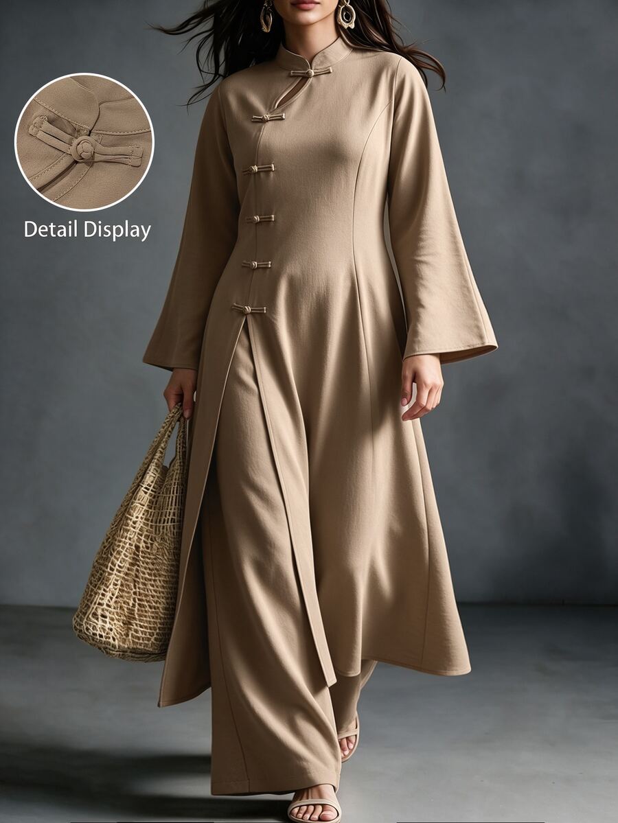 Linhara CURVE Women's Plus Size 2-Piece Set: Small Stand Collar Long Top + Casual Long Pants, Casual/Commute/Elegant/2-Piece Set Fall - Khaki - View 1