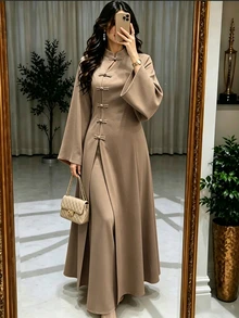 Linhara CURVE Women's Plus Size 2-Piece Set: Small Stand Collar Long Top + Casual Long Pants, Casual/Commute/Elegant/2-Piece Set Fall - Khaki - View 4
