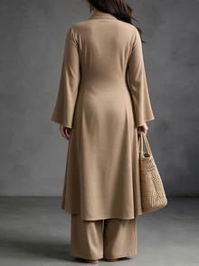 Linhara CURVE Women's Plus Size 2-Piece Set: Small Stand Collar Long Top + Casual Long Pants, Casual/Commute/Elegant/2-Piece Set Fall - Khaki - View 2