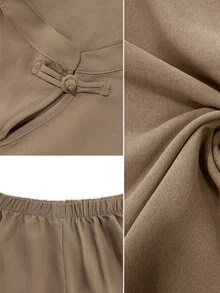 Linhara CURVE Women's Plus Size 2-Piece Set: Small Stand Collar Long Top + Casual Long Pants, Casual/Commute/Elegant/2-Piece Set Fall - Khaki - View 6