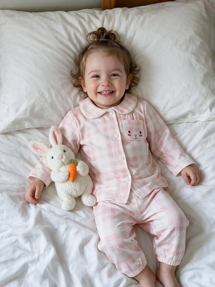 Baby Girl Pink Plaid Lapel Long Sleeve Loungewear Set, Cute Cartoon Expression Rabbit Print Long Sleeve Top And Pants 2-Piece Set - Pink - View 1