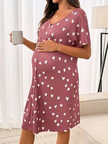 SHEIN Maternity Heart Print Button Front Short Sleeve Dress,Loungewear,Sleepwear,Sleepwear Set,Pajama Dress - Pink - View 7