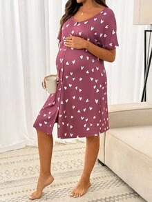 SHEIN Maternity Heart Print Button Front Short Sleeve Dress,Loungewear,Sleepwear,Sleepwear Set,Pajama Dress - Pink - View 6