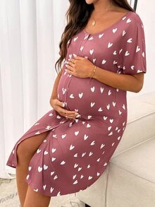 SHEIN Maternity Heart Print Button Front Short Sleeve Dress,Loungewear,Sleepwear,Sleepwear Set,Pajama Dress - Pink - View 4