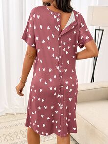 SHEIN Maternity Heart Print Button Front Short Sleeve Dress,Loungewear,Sleepwear,Sleepwear Set,Pajama Dress - Pink - View 3