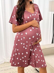 SHEIN Maternity Heart Print Button Front Short Sleeve Dress,Loungewear,Sleepwear,Sleepwear Set,Pajama Dress - Pink - View 9