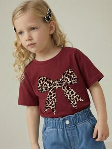 SHEIN Young Girl Casual Print Short Sleeve T-Shirt, Suitable For Summer - Burgundy - View 5