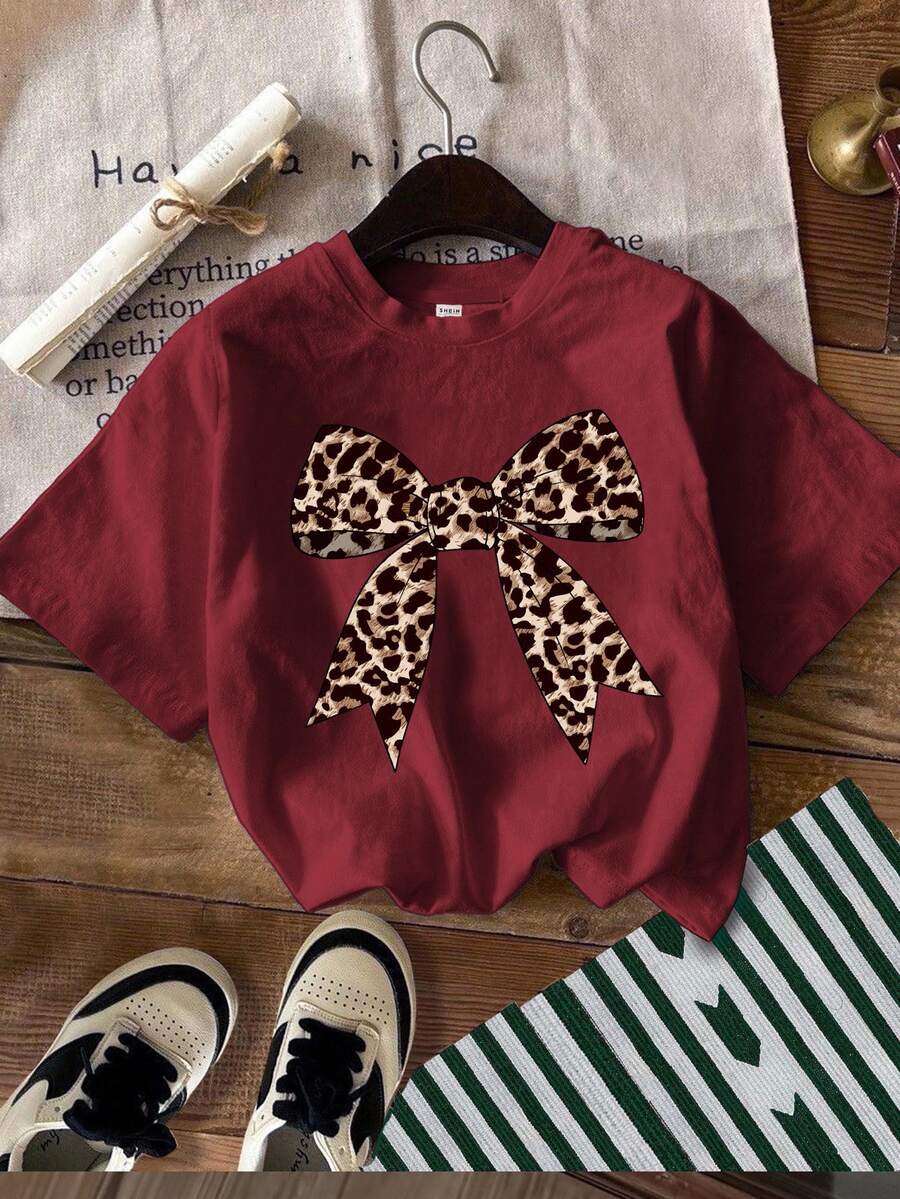 SHEIN Young Girl Casual Print Short Sleeve T-Shirt, Suitable For Summer - Burgundy - View 1