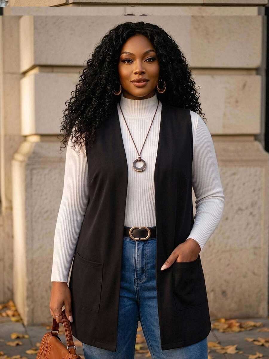 BrightlyHer Plus Size Solid Color Sleeveless Loose Pocket Simple Casual Vest Coat, Spring, Summer, Vacation In Fall, Winter - Black - View 1