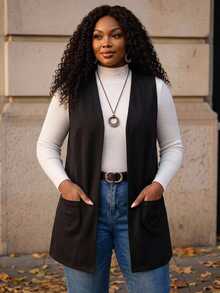 BrightlyHer Plus Size Solid Color Sleeveless Loose Pocket Simple Casual Vest Coat, Spring, Summer, Vacation In Fall, Winter - Black - View 4