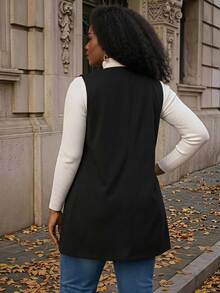 BrightlyHer Plus Size Solid Color Sleeveless Loose Pocket Simple Casual Vest Coat, Spring, Summer, Vacation In Fall, Winter - Black - View 2