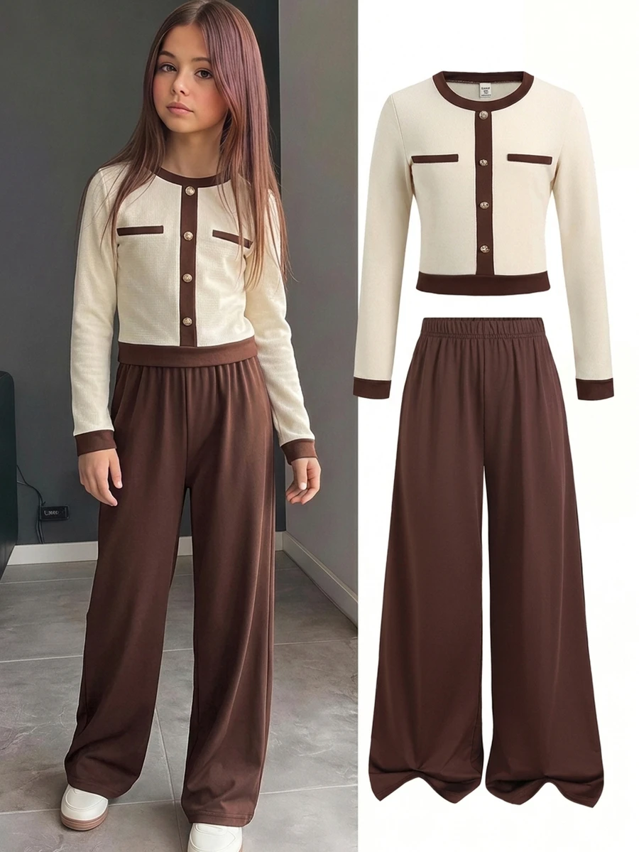 SHEIN Tween Girl Tween Girls Chocolate Brown Color Block Long Sleeve Blouse And Pants Co-Ords Elegant Pants Set - Brown - View 1