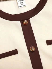 SHEIN Tween女孩巧克力棕色拼接長袖上衣與長褲套裝 優雅褲裝套裝 - 棕色 - 查看 5