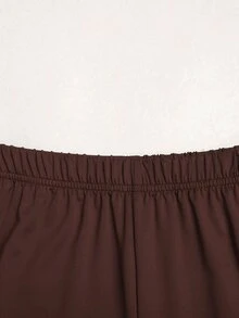SHEIN Tween女孩巧克力棕色拼接長袖上衣與長褲套裝 優雅褲裝套裝 - 棕色 - 查看 9