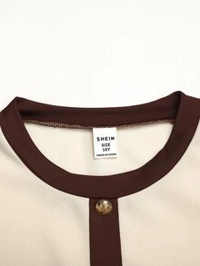 SHEIN Tween女孩巧克力棕色拼接長袖上衣與長褲套裝 優雅褲裝套裝 - 棕色 - 查看 4