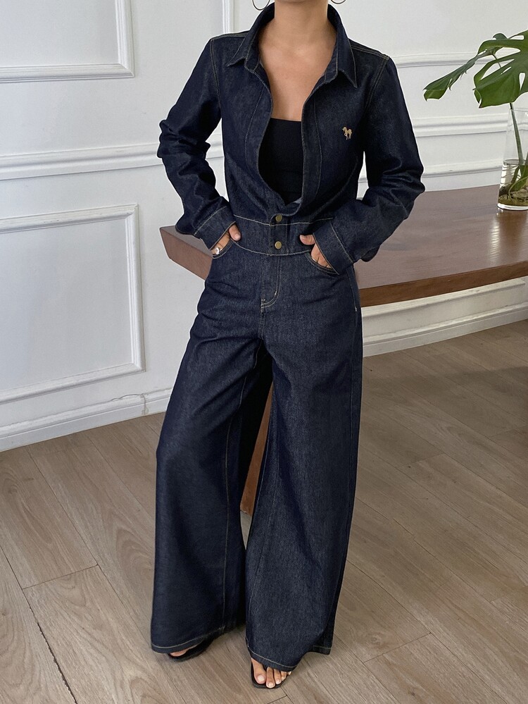 DAZY Women's Lapel Button Long Sleeve Top And Pocket Long Pants Denim Set - Blue - View 6
