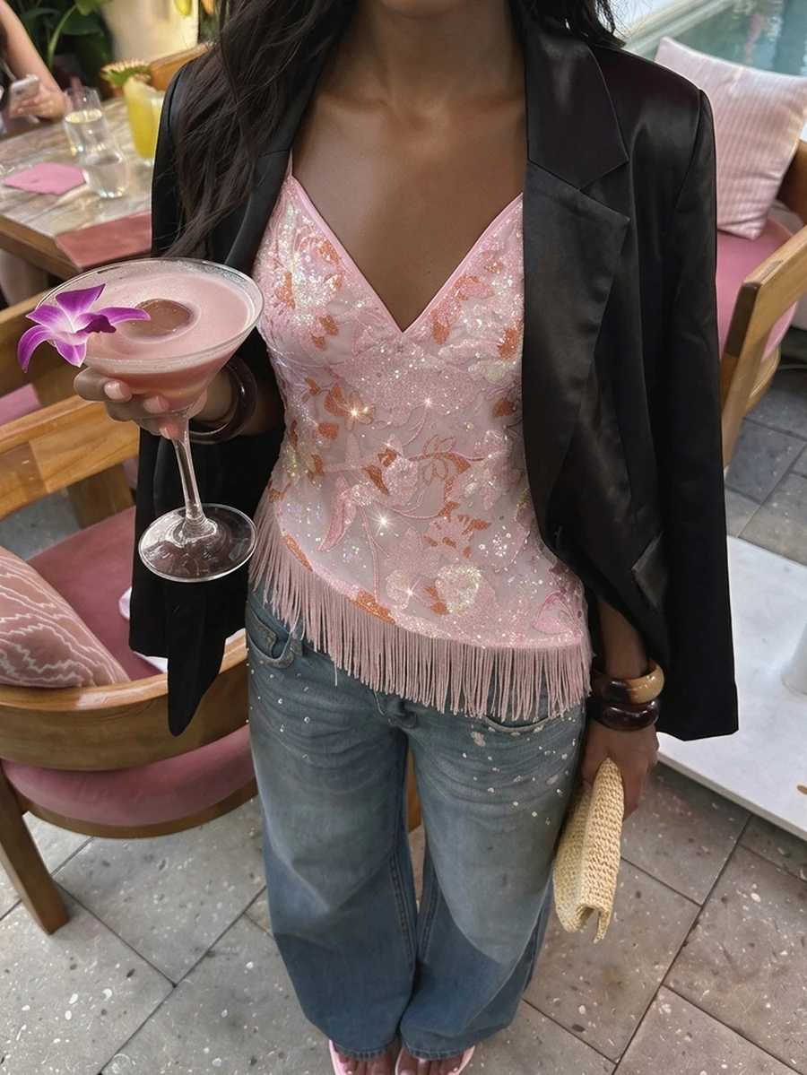 Glamine Pink Floral Sequin Embroidered Mesh Lined Fringe V Neck Cami Fitted Party Going Out Top Homecoming Sorority Rush Halloween Date Night Birthday Club