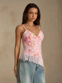 Glamine Pink Floral Sequin Embroidered Mesh Lined Fringe V Neck Cami Fitted Party Going Out Top Homecoming Sorority Rush Halloween Date Night Birthday Club - Pink - View 8