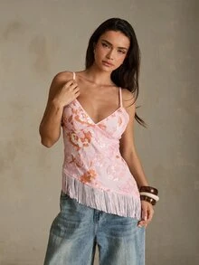 Glamine Pink Floral Sequin Embroidered Mesh Lined Fringe V Neck Cami Fitted Party Going Out Top Homecoming Sorority Rush Halloween Date Night Birthday Club - Pink - View 6