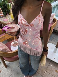 Glamine Pink Floral Sequin Embroidered Mesh Lined Fringe V Neck Cami Fitted Party Going Out Top Homecoming Sorority Rush Halloween Date Night Birthday Club - Pink - View 4