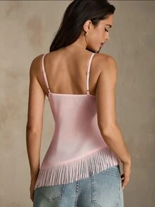 Glamine Pink Floral Sequin Embroidered Mesh Lined Fringe V Neck Cami Fitted Party Going Out Top Homecoming Sorority Rush Halloween Date Night Birthday Club - Pink - View 3