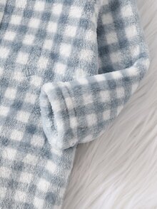 SHEIN 新生兒雙面絨毛格紋領長袖連腳連身衣居家服，適合冬季 - 藍白色 - 查看 7