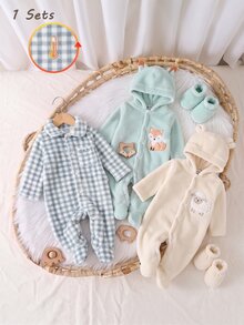 SHEIN 新生兒雙面絨毛格紋領長袖連腳連身衣居家服，適合冬季 - 藍白色 - 查看 6