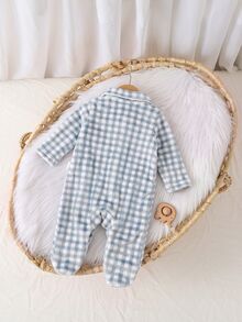 SHEIN 新生兒雙面絨毛格紋領長袖連腳連身衣居家服，適合冬季 - 藍白色 - 查看 2